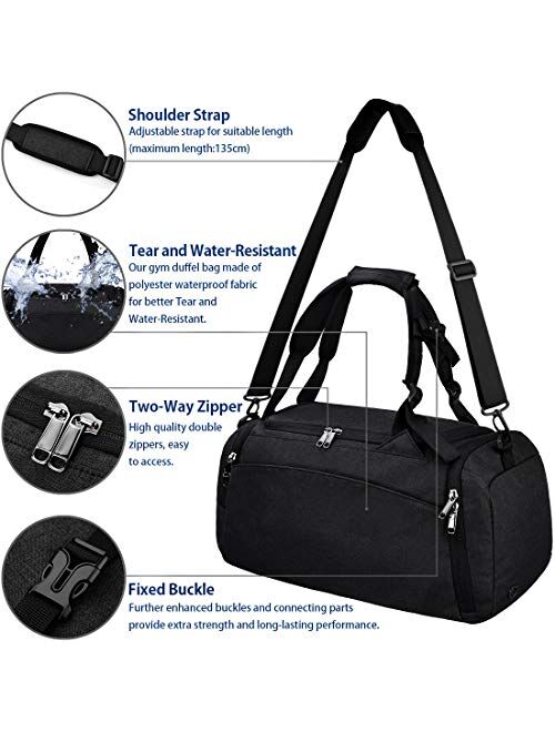 Newhey Gym Duffle Bag Waterproof Travel Weekender Bag for Men Women Duffel Bag Backpack with Shoes Compartment Overnight Bag 40L (Black)