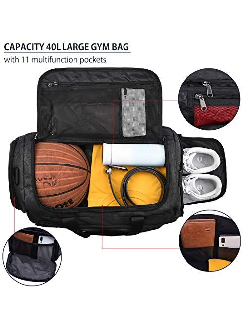 Nubily Gym Duffle Bag Waterproof Large Sports Bags Travel Duffel Bags with Shoes Compartment Weekender Overnight Bag Men Women 40L Black