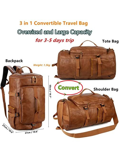 BAOSHA Stylish Leather Men Weekender Travel Duffel Tote Bag Backpack Travel Hiking Rucksack Overnight Bag 3-Ways Convertible HB-26 (Brown)