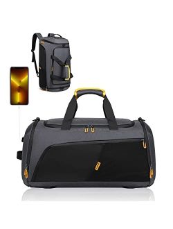 Raipult Gym Duffle Bag for Men Women, Travel Duffel Bag Backpack with Shoe Compartment & Wet Pocket, 50L Waterproof Sports Overnight Weekender Bag with USB Port, Black