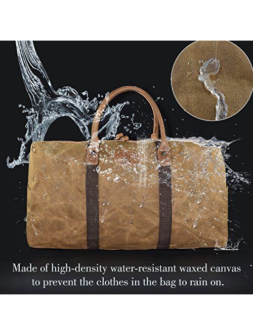 Newhey Travel Duffel Bag Waterproof Canvas Overnight Bag Leather Weekend Oversized Carryon Handbag Brown