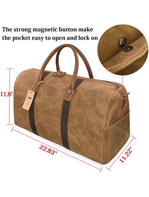 Newhey Travel Duffel Bag Waterproof Canvas Overnight Bag Leather Weekend Oversized Carryon Handbag Brown