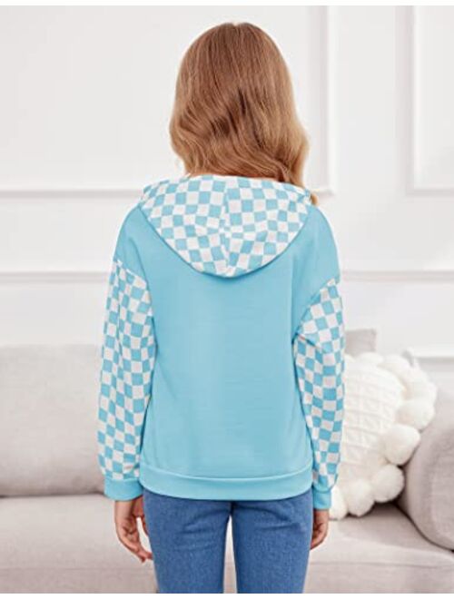 Hopeac Kids Girls Hoodies Plaid Checkered Cute Long Sleeve Pocket Pullover Sweatshirt