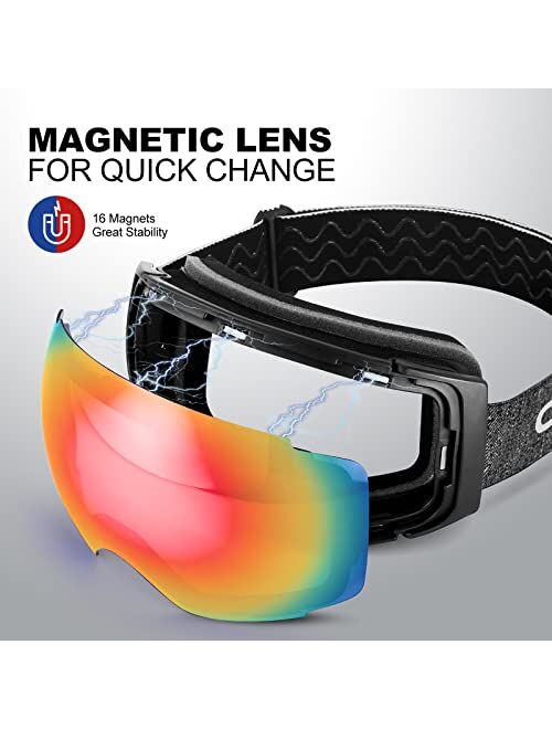 Odoland Magnetic Interchangeable Ski Goggles with 2 Lens, Large Spherical Frameless Snow Snowboard Goggles for Men Women