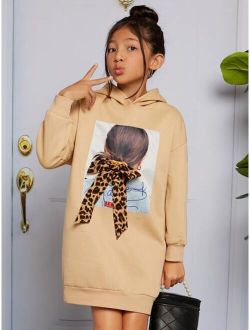 Girls Figure Graphic Patched Leopard Bow Detail Thermal Hooded Sweatshirt Dress