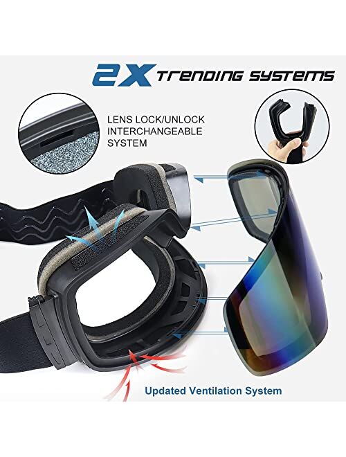 ZHA ZHA Ski Goggles, Anti-Fog REVO UV400 Interchangeable OTG Lenses Snowboard Snow Goggles for Men Women