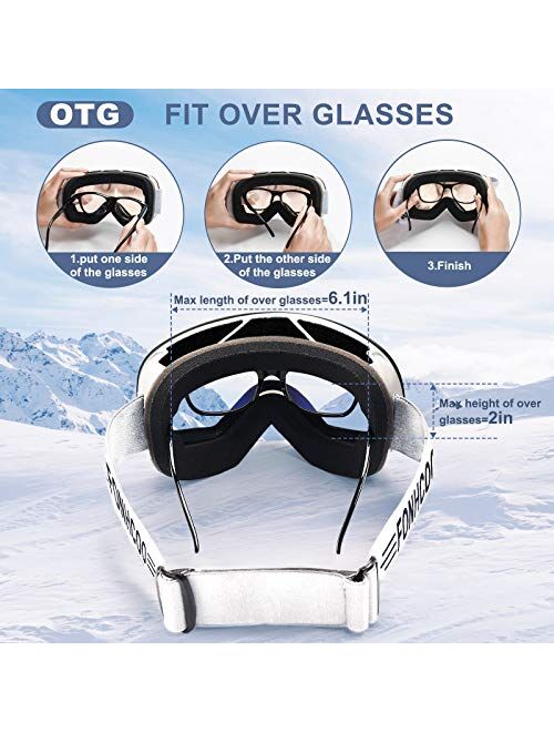 FONHCOO Ski Goggles for Men Women, Anti-Fog OTG Snow Snowboard Glasses with Detachable Lens for Skiing Skating, UV Protection