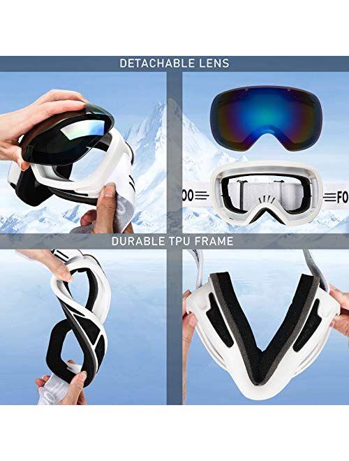 FONHCOO Ski Goggles for Men Women, Anti-Fog OTG Snow Snowboard Glasses with Detachable Lens for Skiing Skating, UV Protection