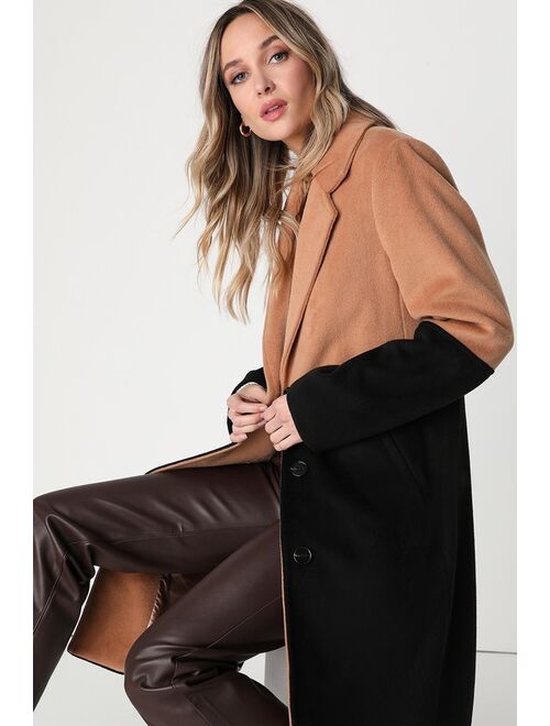 Lulus Big City Style Brown and Black Color Block Coat