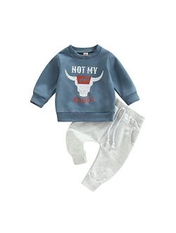 allshope Newborn Baby Boy Spring Clothes Set Letter Cow Head Print Long Sleeve Sweatshirt with Solid Trousers Fall Outfits