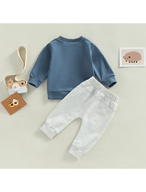 allshope Newborn Baby Boy Spring Clothes Set Letter Cow Head Print Long Sleeve Sweatshirt with Solid Trousers Fall Outfits