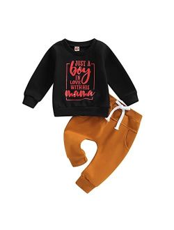 allshope Valentine's Day Baby Boys Clothes Outfit Letter Print Crew Neck Long Sleeve Sweatshirt Tops and Solid Long Pants Set