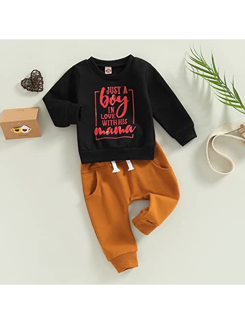 allshope Valentine's Day Baby Boys Clothes Outfit Letter Print Crew Neck Long Sleeve Sweatshirt Tops and Solid Long Pants Set