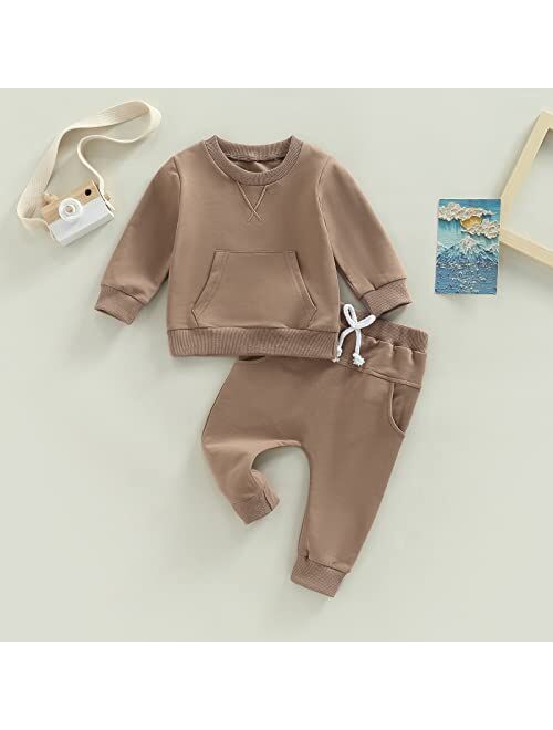 allshope Toddler Baby Boy Girl Outfit Solid Crewneck Long Sleeve Pocket Sweatshirt Top Elastic Waist Pant Jogger Clolthes Set