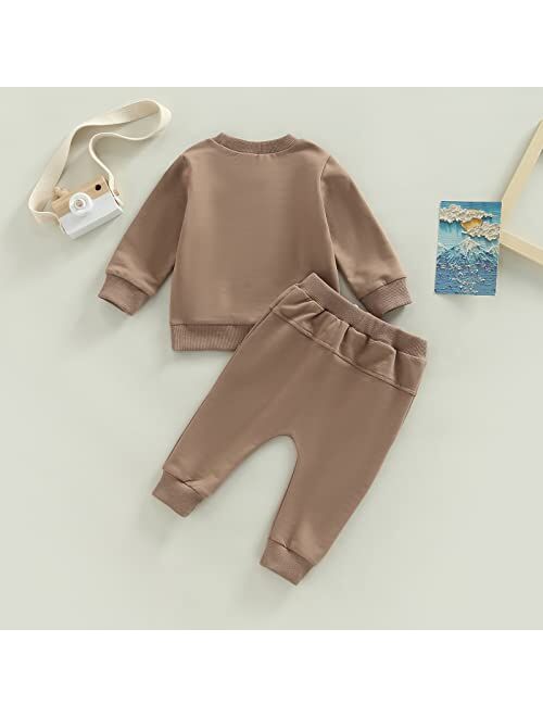 allshope Toddler Baby Boy Girl Outfit Solid Crewneck Long Sleeve Pocket Sweatshirt Top Elastic Waist Pant Jogger Clolthes Set