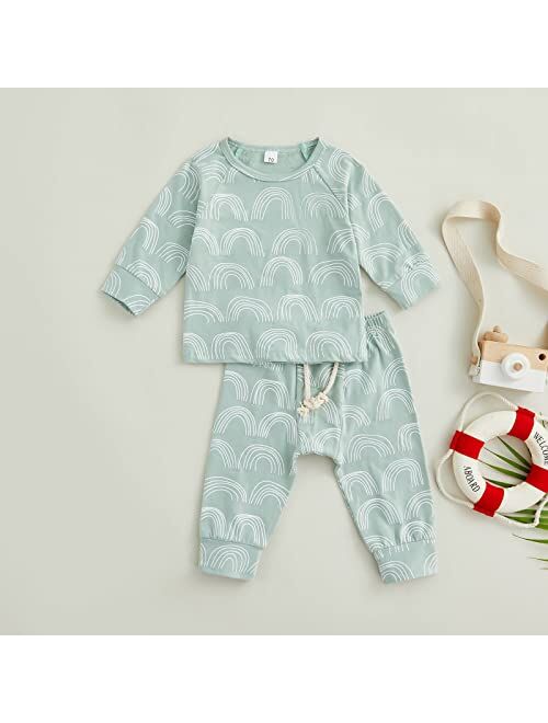 Allshope Toddler Baby Girls Boys Clothes Outfit Rainbow Print Long Sleeve Pullover with Stretch Casual Pants Set Fall Outfits