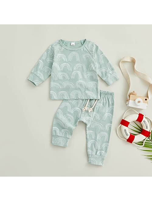 Allshope Toddler Baby Girls Boys Clothes Outfit Rainbow Print Long Sleeve Pullover with Stretch Casual Pants Set Fall Outfits