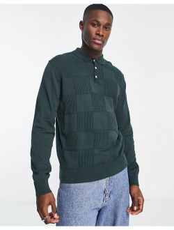 Premium textured knit polo sweater in dark green