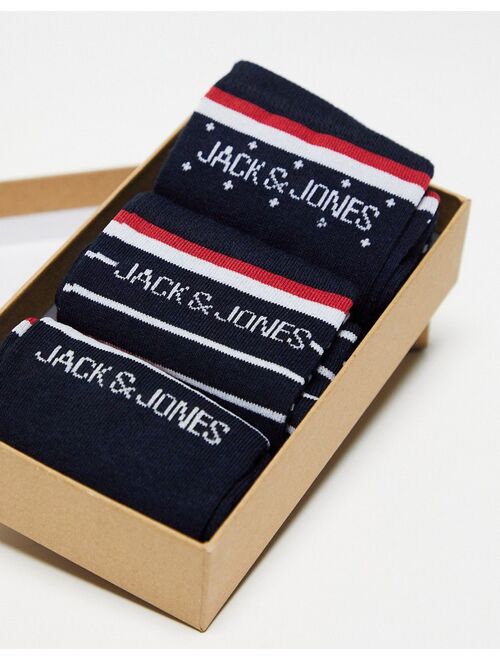 Jack & Jones 3 pack stripe & polka dot sock gift box set in navy