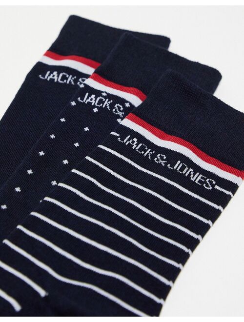 Jack & Jones 3 pack stripe & polka dot sock gift box set in navy