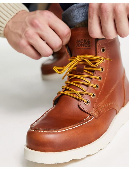 Jack & Jones leather mock toe lace up boots in tan
