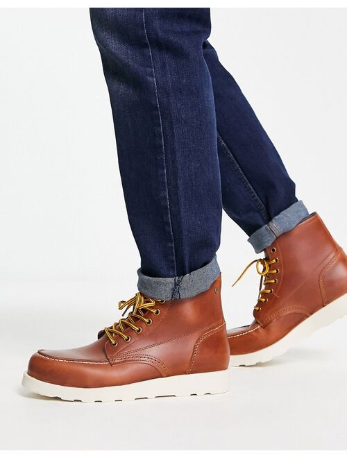 Jack & Jones leather mock toe lace up boots in tan