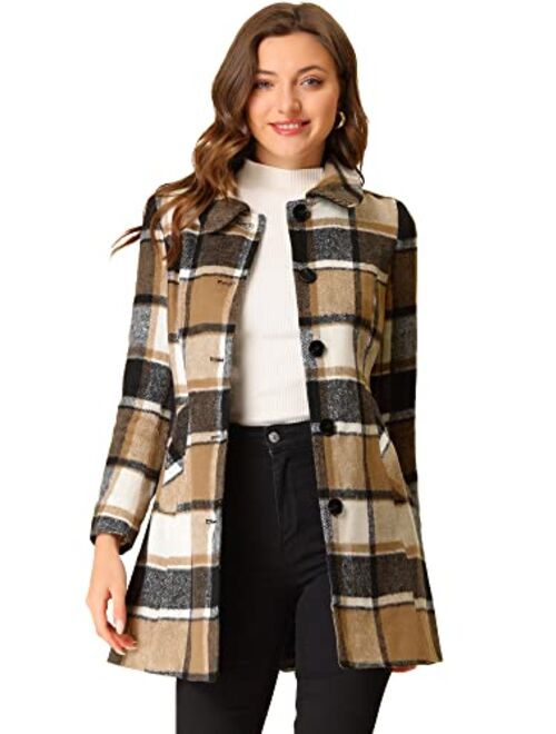 Allegra K Women's Buffalo Checks Winter Peter Pan Collar Long Plaid Coat