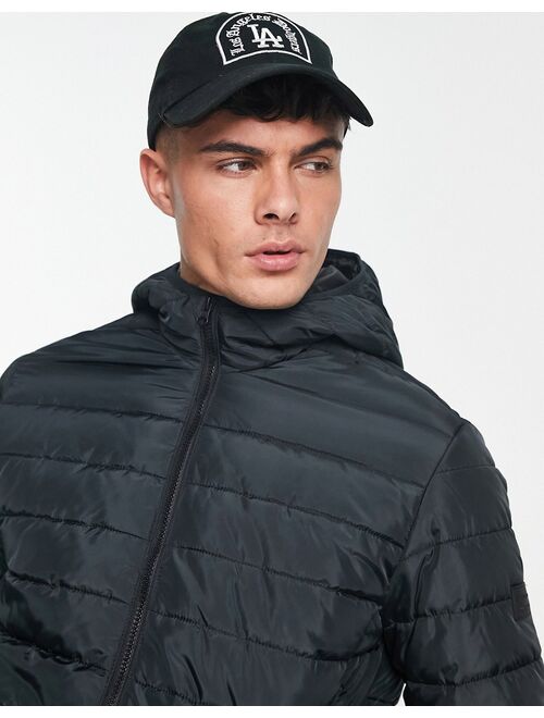 Jack & Jones lightweight puffer jacket with hood in black