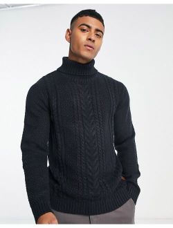 cable knit turtle neck sweater in navy