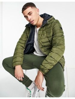 lightweight puffer jacket with hood in olive green