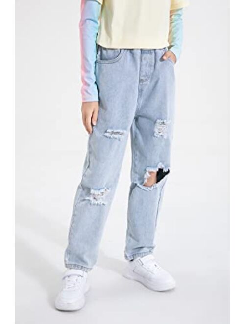 AMEBELLE Big Girls Kids' Ripped Jeans Elastic Waist Printed Hole Denim Pants
