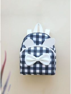 UECareWithLove Bags Girls Gingham Pattern Bow & Cartoon Ear Decor Backpack