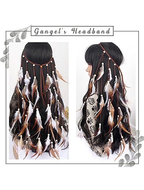 Gangel Bohemian Feather Hairband Indian Gypsy Headband with White and Brown Feather Tassel Hemp Rope for Festival Masquerades Carnival Hippie Costume Indian Hair Feather 