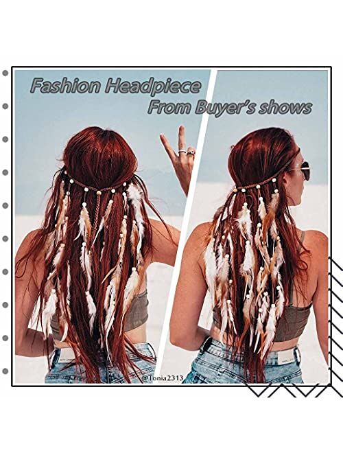 Gangel Bohemian Feather Hairband Indian Gypsy Headband with White and Brown Feather Tassel Hemp Rope for Festival Masquerades Carnival Hippie Costume Indian Hair Feather 