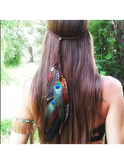 ESH7 Boho Peacock Feather Headband Hippie Jewelry Gifts Native American Indian Costume Festival Hair Accessories Bohemian Clothing Dresses for Women & Girls, colorful, Me