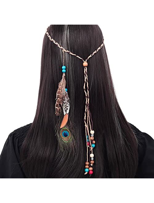 Campsis Indian Peacock Feather Headbands Boho Princess Head Chain Bule Adjust Headdress Handmade Rope Hair Accessories for Women and Girls (C)