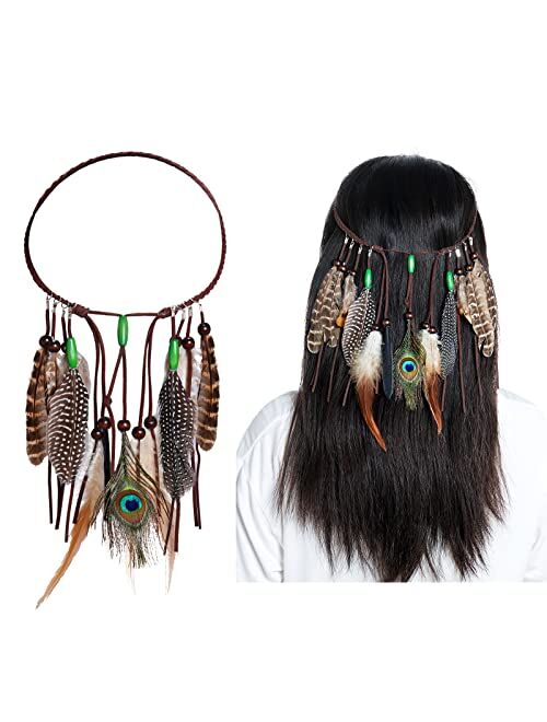 obmwang Indian Feather Headband Boho Feather Headbands Festival Costumes Head Dress with Feathers for Women and Girls