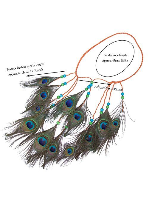AWAYTR Peacock Feather Hippie Headband Accessories Bohemia Tribal Indian Hippie Headpiece Braided Beads Headwear Festival Hair Decoration (All peacock)