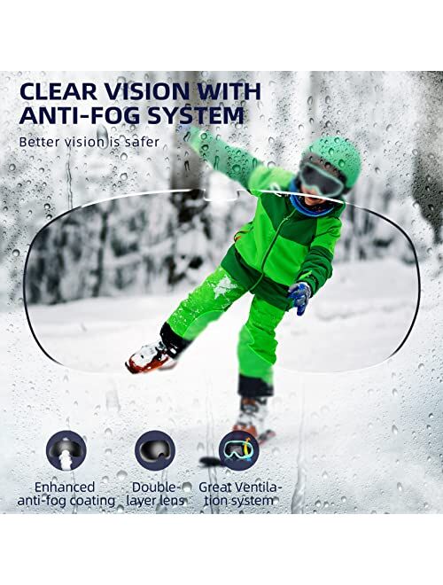Keary Kids Ski Goggles Anti Fog 100% UV Protection Snow Goggles for Youth Kids, OTG Helmet Compatible