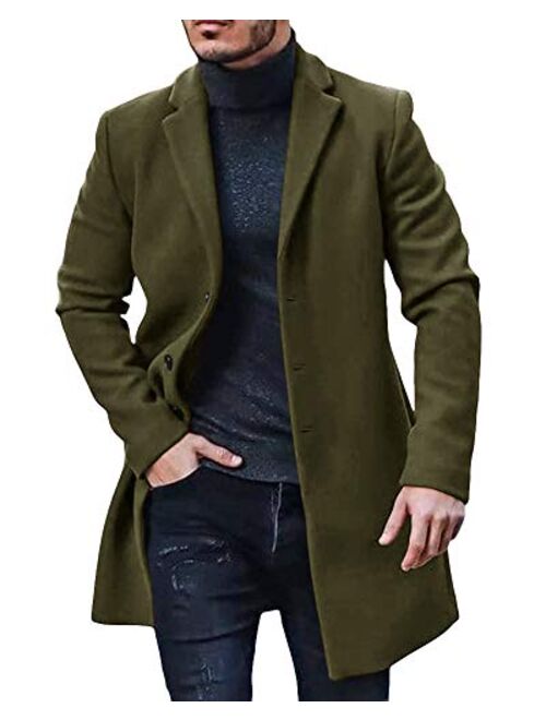 Gafeng Men's Trench Coat Slim Fit Notch Lapel Single Breasted Top Coat Winter Warm Cotton Business Long Jacket Overcoat