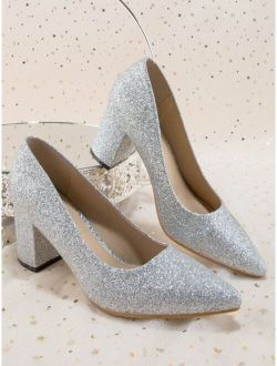 FUJINGLIAN Shoes Minimalist Point Toe Chunky Heeled Glitter Court Pumps