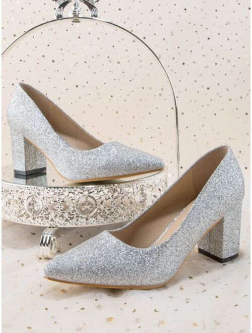 Shein FUJINGLIAN Shoes Minimalist Point Toe Chunky Heeled Glitter Court Pumps