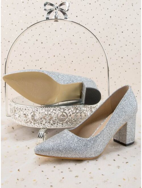Shein FUJINGLIAN Shoes Minimalist Point Toe Chunky Heeled Glitter Court Pumps