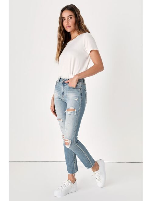 Lulus Nikki Light Wash High-Rise Distressed Raw Hem Skinny Jeans