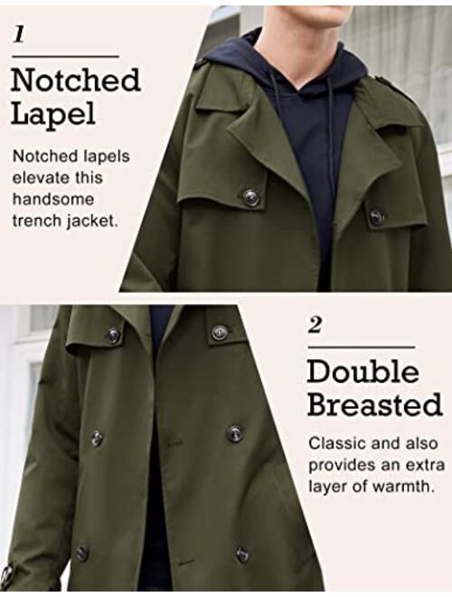 COOFANDY Men's Trench Coat Slim Fit Notch Lapel Double Breasted Belted Lightweight Windbreaker