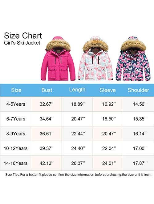 Pursky Girl's Waterproof Ski Jacket Kids Winter Snow Coats Fleece Raincoat Parka