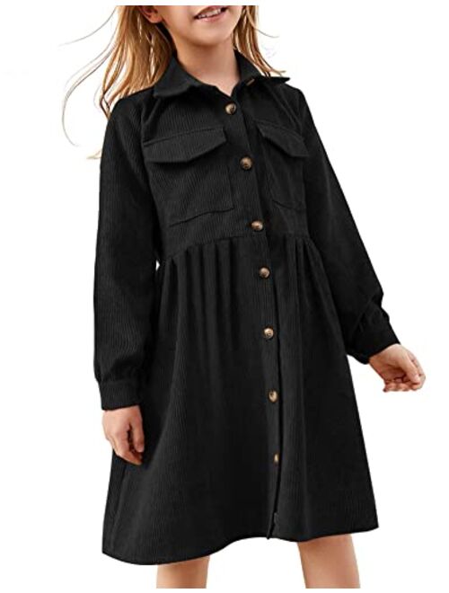 Arshiner Girls' Dresses Long Sleeve Casual A-Line Loose Fit Corduroy Midi Fall Dress