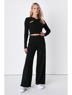 Relaxing Essence Black Ribbed Wide-Leg Sweater Pants