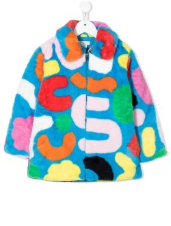 Kids abstract print faux fur jacket