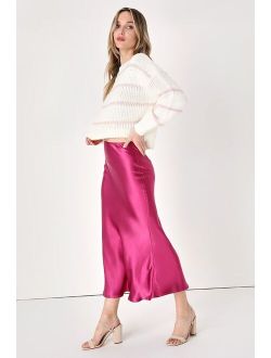 Simple Sophistication Magenta Satin High-Rise Midi Skirt